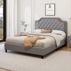 CAVINAS Platform Bed with Ruched and Button Tufted Headboard,Upholstered Bed Frame,Box Spring Not Required,Velvet - 1 of 4