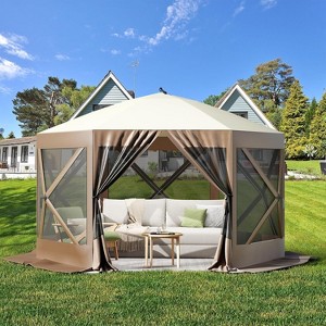 Camping Gazebo Tent 10x10ft Pop Up Screen Canopy, 6 Sided Mesh Tent with Windows & Carry Bag, Waterproof UV-Resistant Outdoor Shelter - 1 of 4