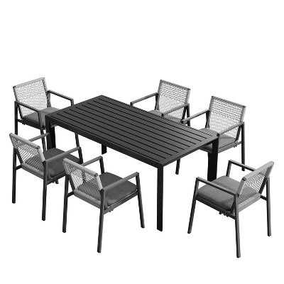 Christopher Knight Home Layla 7 pcs Outdoor Aluminum Dining Set with Woven Rope, Black/Gray