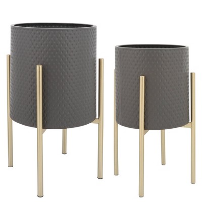 Sagebrook Home Set of 2 Diamond Planters on Metal Stand Gray/Gold