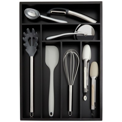 Black Bamboo 6-Slot Silverware Drawer Organizer Tray