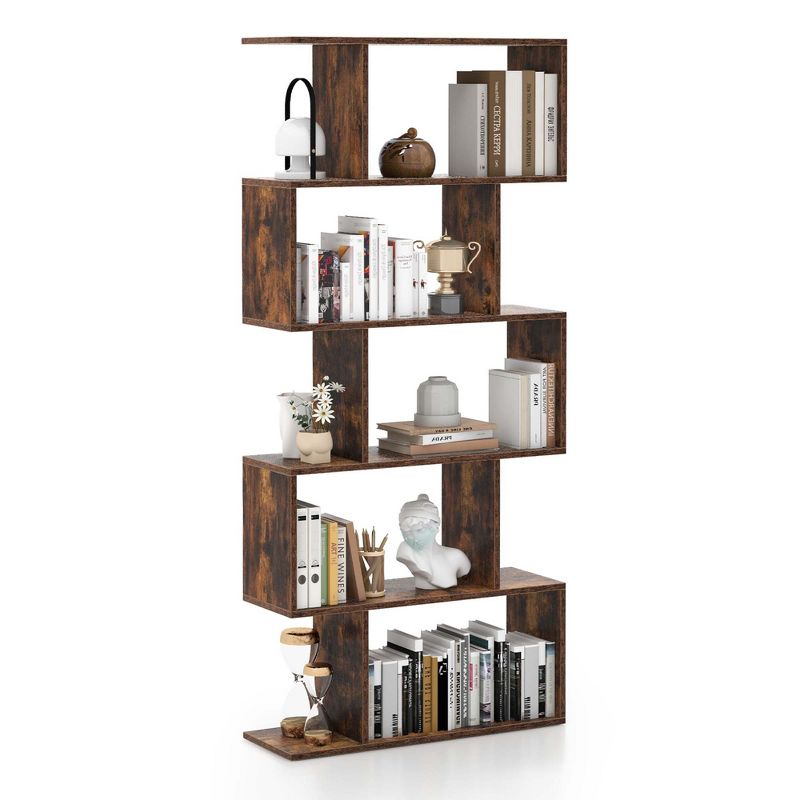 Costway 5-Tier Bookshelf Geometric S-Shaped Bookcase Room Divider Storage Display Shelf, 1 of 10