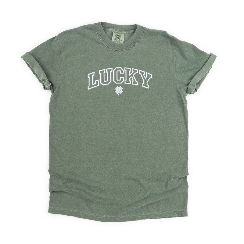 Simply Sage Market Women's Embroidered Lucky Varsity Clover St. Patrick's Day Short Sleeve Garment Dyed Tee, 1 of 5