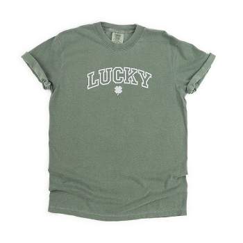 Simply Sage Market Women's Embroidered Lucky Varsity Clover St. Patrick's Day Short Sleeve Garment Dyed Tee