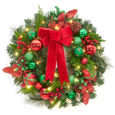 Lighted Christmas Wreath, 22 Inch Pre-Assembled Wreath with 30 Lights, Red and Green Balls, Suitable for Fireplace, Window and Wall Decoration