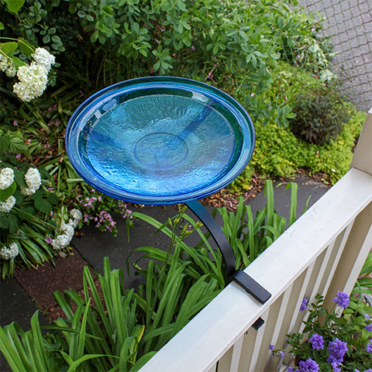 13.7" Reflective Crackle Glass Birdbath Bowl with Rail Mount Bracket Teal Blue - Achla Designs: Weather-Resistant, No Assembly Required - thumbnail 4