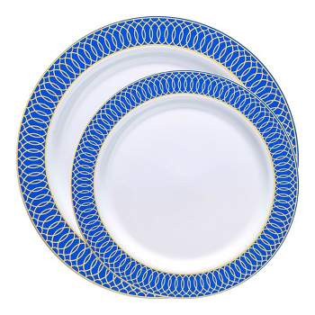 Smarty Had A Party White with Gold Spiral on Blue Rim Plastic Dinnerware Value Set (120 Dinner Plates + 120 Salad Plates)