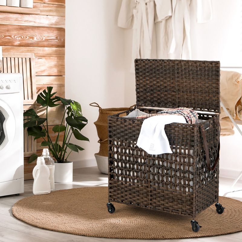 Costway 110L Laundry Hamper with Wheels Clothes Basket Lid & Handle & 2 Liner Bags Natural/Black/Brown, 2 of 11