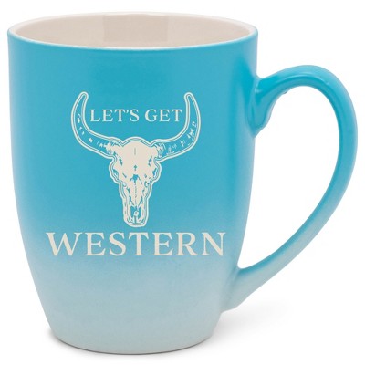 100 North Bull Skull 10 Ounce Blue and White Two Toned Ombre, Comfortably Fits Your Hands, Ceramic Tea Coffee Cup Mug, Let's Get Western