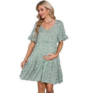 Maternity Dress Womens Casual Babydoll Dress Ruffle Short Sleeve V Neck Floral Printed Flowy Mini Short Tunic Dress - 1 of 4