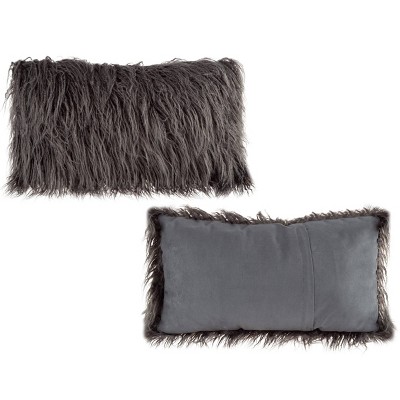 Luxurious Dark Gray Mongolian Faux Fur 20'' Lumbar Pillow