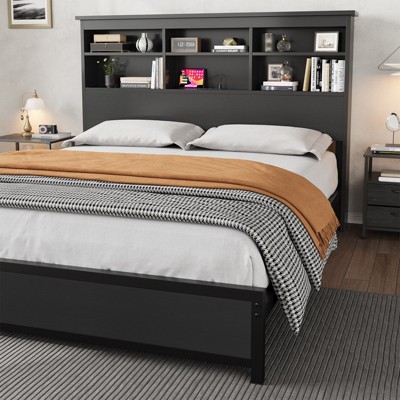 King Size Bed Frame with Bookcase Headboard, King Platform Bed with 2-tier Storage & Charging Station, No Box Spring Needed Easy Assemble，Black
