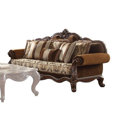 Jardena 89" Multicolor Fabric and Cherry Oak Sofa with Pillows