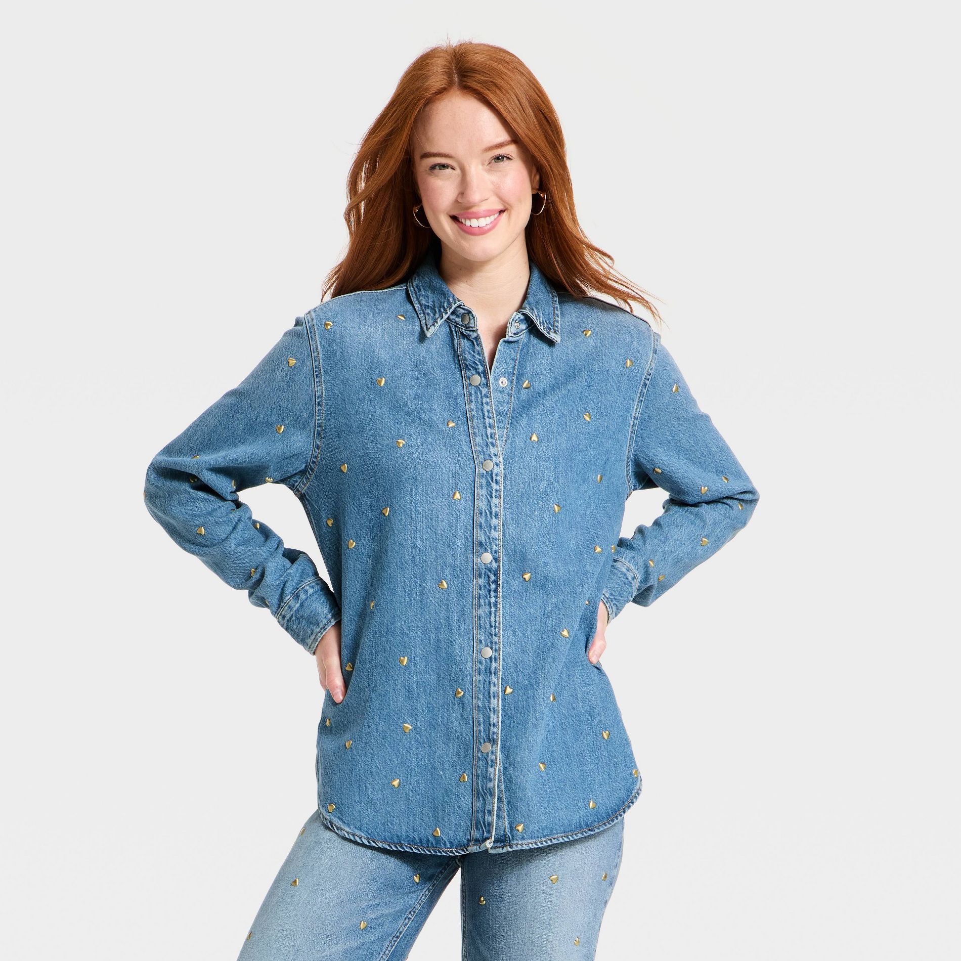 Women's Relaxed Embellished Denim Shirt - Universal Thread™ Medium Wash