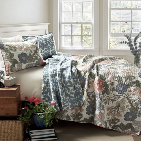 Floral Blue 3pc Bedspread Quilt Set. Stitch Quilted Coverlet Set