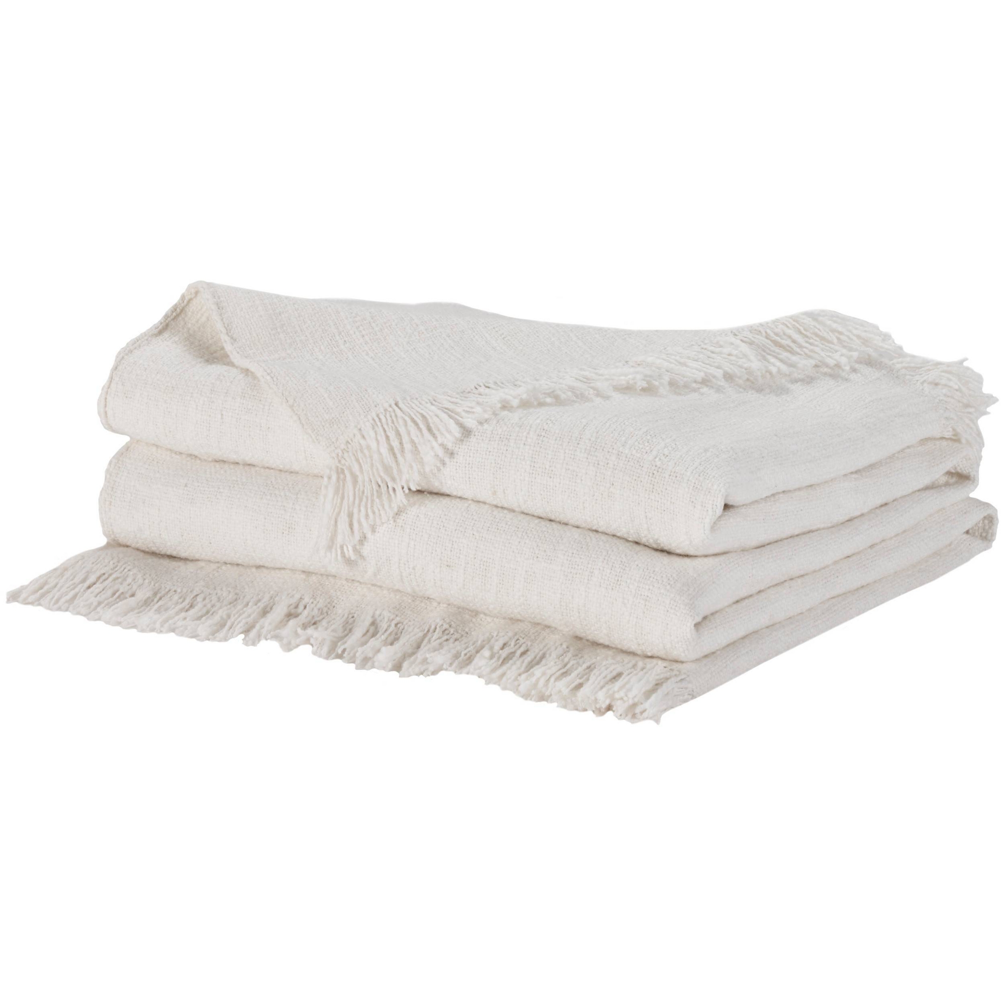 Mina Victory 50"x60" Stone Washed Cotton Indoor Throw Blanket Ivory: Lightweight, Woven, Fringe Detail