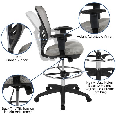 ErgoFlex Mesh Drafting Chair with Adjustable Arms and Swivel Base, Gray