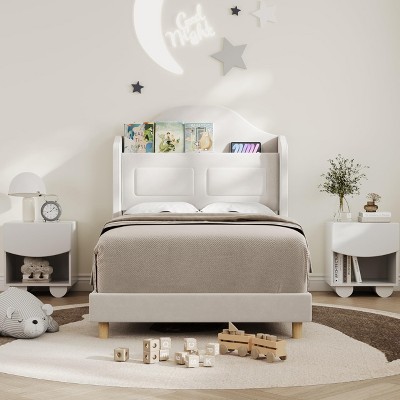 Upholstered Twin Bed Frame with LED Lights, Velvet Platform Bed Frame with Wing Back Storage Headboard