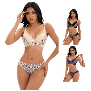 INSPIRE CHIC 3 Sets Women's Floral Mesh Push-Up Underwire Lace Bra and Underwear Lingerie Set - 1 of 4