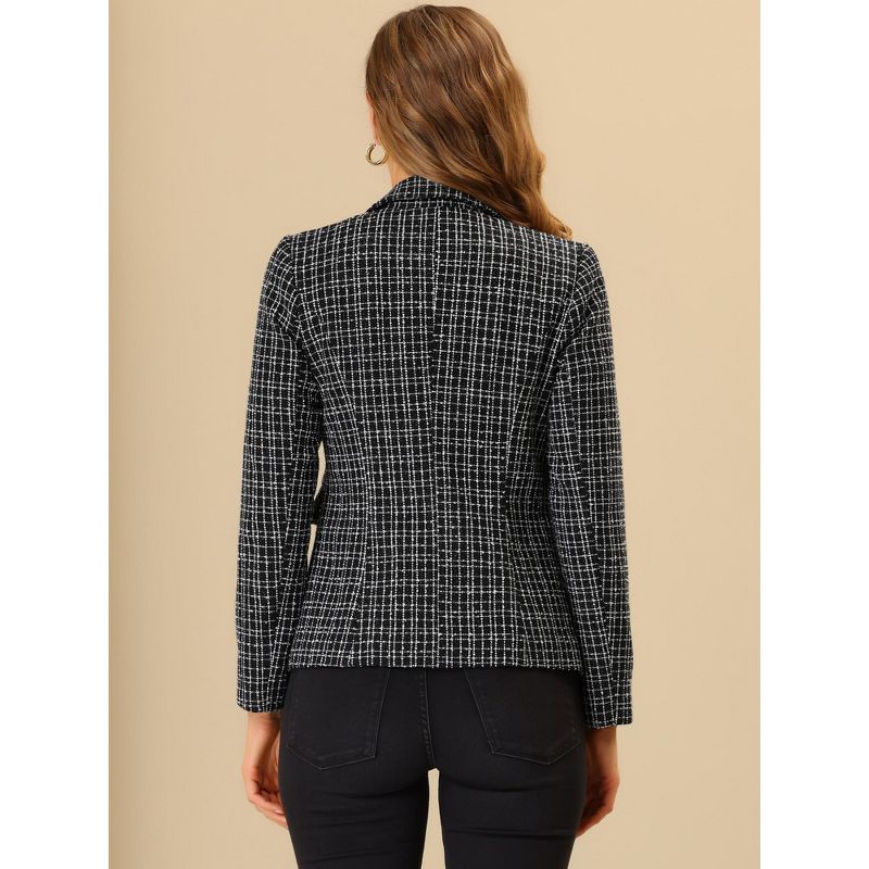 Allegra K Women's Elegant Long Sleeve Open Front Buttons Decor Plaid Tweed Blazer, 4 of 7
