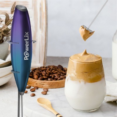 PowerLix Purple Turquoise Handheld Battery Operated Milk Frother with Stainless Steel Stand