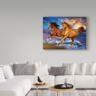 Two Brown Horses Running on Beach Canvas Art