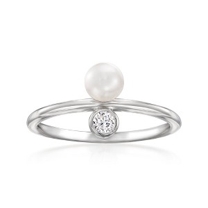 Ross-Simons 4.5-5mm Cultured Pearl Ring With Single CZ in Sterling Silver Size 9 - 1 of 4
