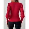 Coolmee Women’s Ribbed Knit Tops V-Neck Long Lantern Sleeve Solid Color Slim Fit Basic T-Shirts Chiffon Stitching Casual Blouses XL Red - 4 of 4