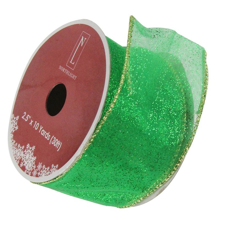 Northlight Glittering Green and Gold Solid Wired Christmas Craft Ribbon 2.5" x 10 Yards, 3 of 4