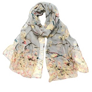Wrapables Lightweight Vintage Floral Bird Print Long Scarf Wrap, Gray - 1 of 4