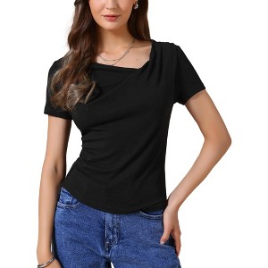 INSPIRE CHIC Women's Short Sleeves Asymmetrical Neck Ruched Going Out Crop Basic Blouses - 1 of 4