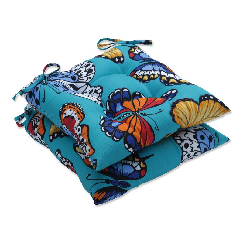 Set of 2 Butterfly Garden Outdoor/Indoor Tufted Seat Cushions Turquoise - Pillow Perfect, 1 of 7
