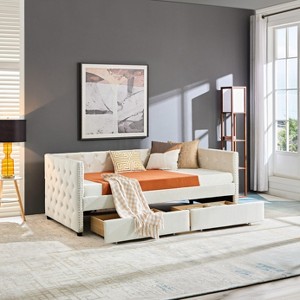 DOMETOUR Twin Sofa Bed Frame with Double Drawers, Modern Velvet Upholstered Sofa Bed Frame with Button Tufted, Beige - 1 of 4