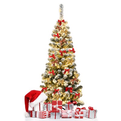 Tangkula Snow Flocked Pencil Pre-lit Christmas Tree with Flexible Stand Thick Leaves LED Lights