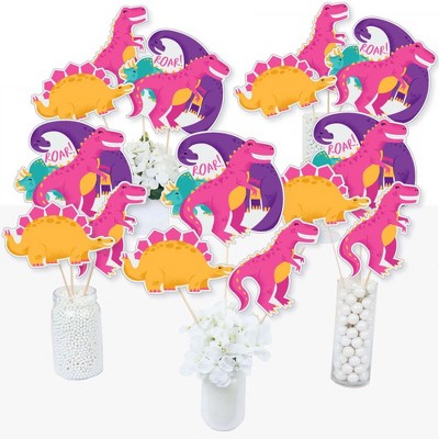 Big Dot of Happiness Roar Dinosaur Girl - Dino Mite T-Rex Baby Shower or Birthday Party Centerpiece Sticks - Table Toppers - Set of 15