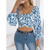 Clearlove Women's Floral Lantern Long Sleeve Crop Shirt Fall Casual Square Neck Tie Waist Pleated Short Top - 3 of 4