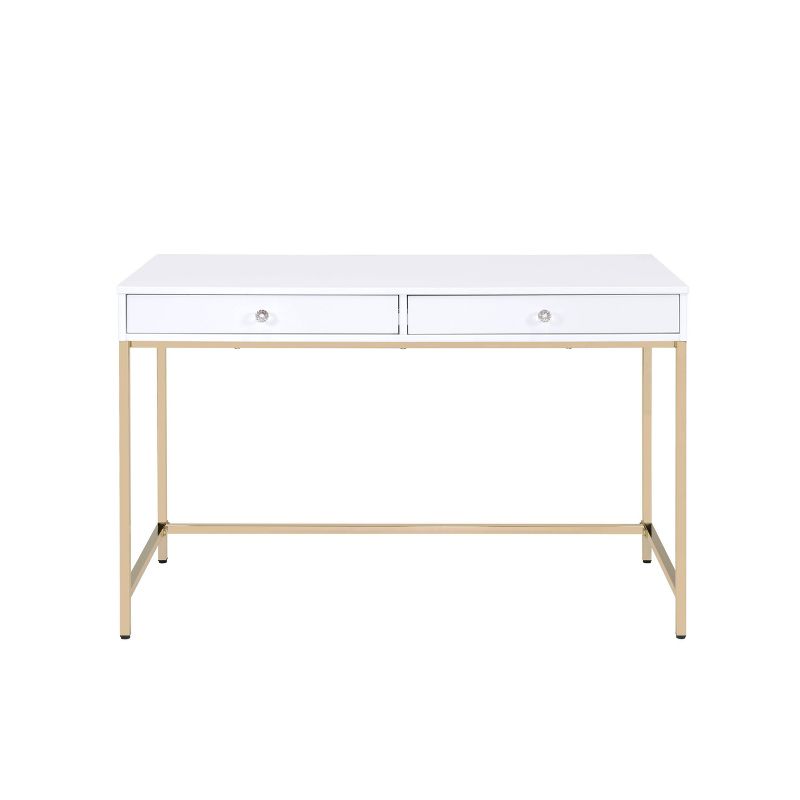 Ottey 2 Drawer Desk White High Gloss/Gold - Acme Furniture, 3 of 10