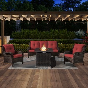 4 Pieces Outdoor Patio Furniture Set with Fire Pit Table, PE Resin All Weather Wicker Patio Propane Fire Pit Set with Patio Couch, Club Chairs in Red - 1 of 4