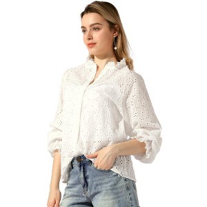 Allegra K Women's Boho Hollow-Out Ruffled Stand Collar Eyelet Puff Sleeve Button-Up Shirt - 1 of 4