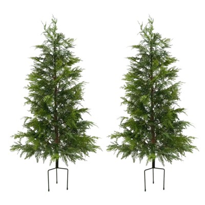 Artificial Cedar Topiary Tree Set of 2, Faux Pine Tree Plant Ground Stake, Fake Evergreen Cypress Tree for Home Office Decor, Housewarming Gift