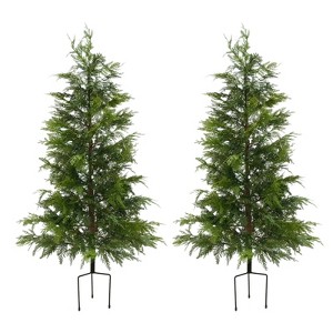 Artificial Cedar Topiary Tree Set of 2, Faux Pine Tree Plant Ground Stake, Fake Evergreen Cypress Tree for Home Office Decor, Housewarming Gift - 1 of 4