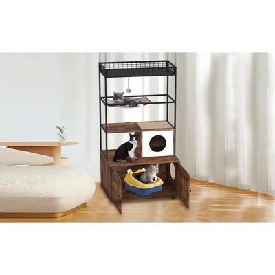 60" Cat Litter Box Enclosure, Large Hidden Cat Litter Box Cabinet with Scratch Post, Feeding Station and House, for Livingroom & Entryway