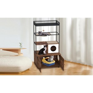 60" Cat Litter Box Enclosure, Large Hidden Cat Litter Box Cabinet with Scratch Post, Feeding Station and House, for Livingroom & Entryway - 1 of 4