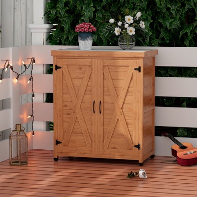 GDFStudio Winifred Outdoor Cedar Wood 36" Potting Bench with Storage Cabinet and Metal Tabletop