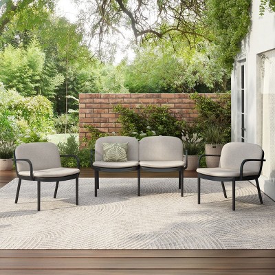 3-Piece Outdoor Patio Conversation Set, Club Chairs and Loveseat with Sleek Frame and Green Cushions, Modern Balcony Seating-The Pop Home