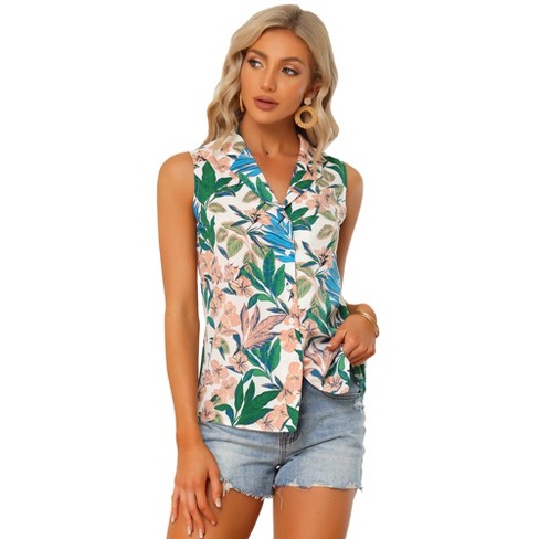 Allegra K Women's Notched Lapel Button Down Tropical Floral Summer ...