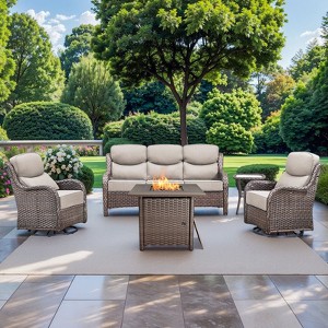 Gymojoy 5 Pieces Outdoor Patio Wicker Sofa Swivel Chair with 6 Inch Cushions and Fire Pit Table - 1 of 4