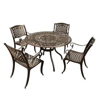 5pc Patio Dining Set, 48" Traditional Mesh Lattice Aluminum Round Table, UV-Resistant Bronze Finish - Oakland Living