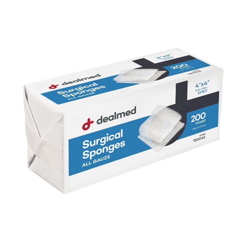 Dealmed 4" x 4" Surgical Sponges, 12-Ply, Non-Sterile Absorbent Woven Gauze Pad for Wound Care, 200 Count, 1 of 5