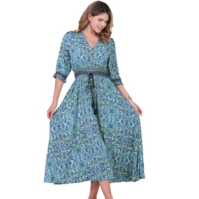 INSPIRE CHIC Women's Boho V-Neck 3/4 Sleeves Smocked Waist Floral Maxi Dresses